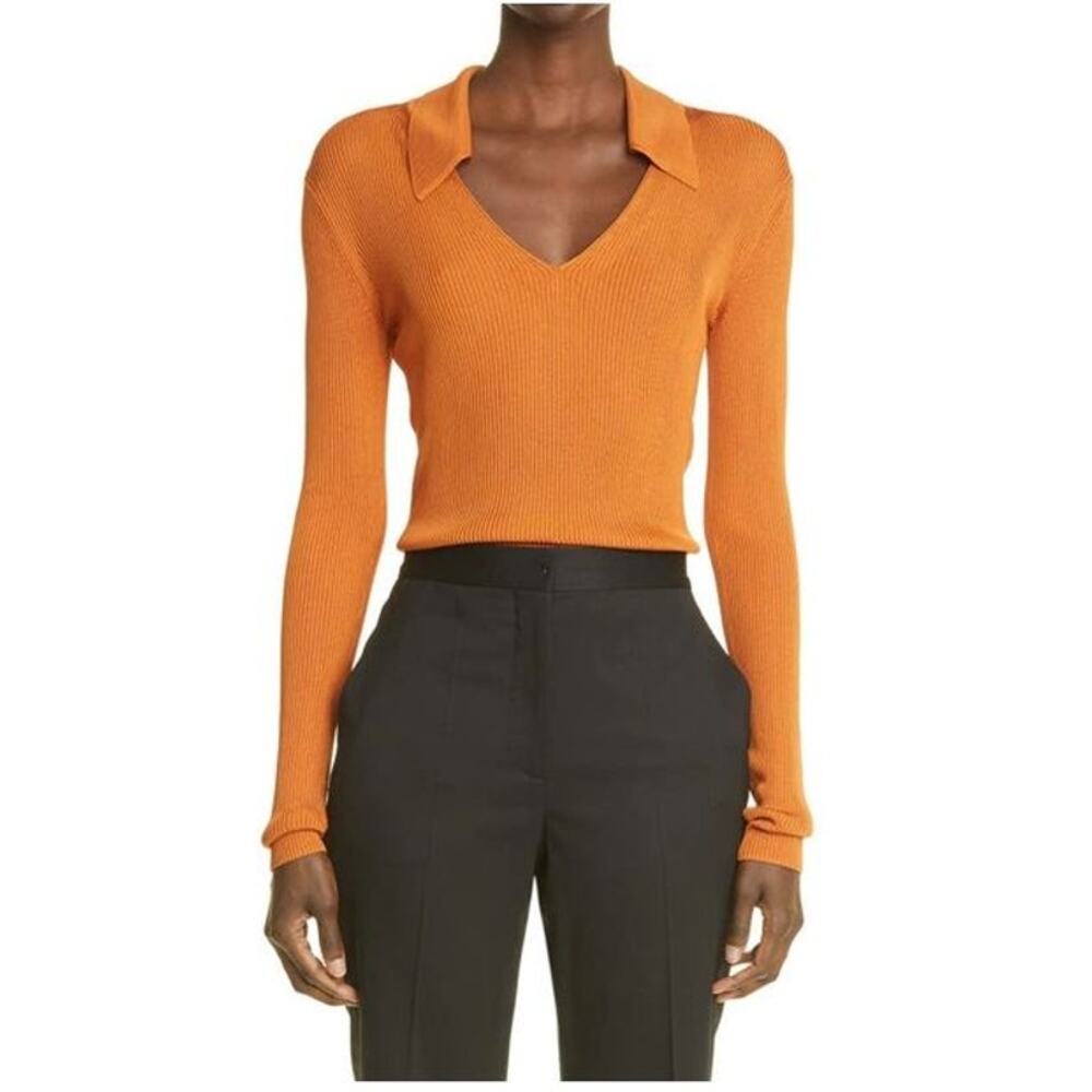 ST. JOHN Bright Collared Ribbed V-Neck Sweater In Rust NWOT Size Medium